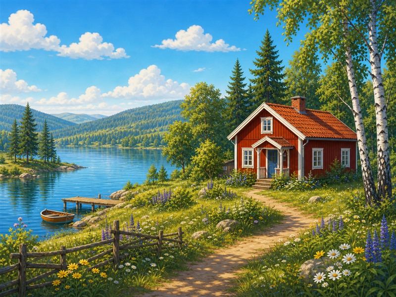 A red Swedish cabin beside a peaceful lake
